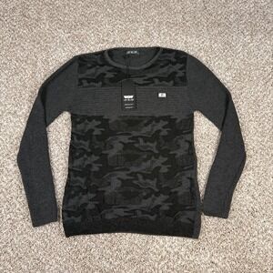 Leif Nelson Sweater Mens S Charcoal Camouflage Ribbed Panel Crewneck Knit New